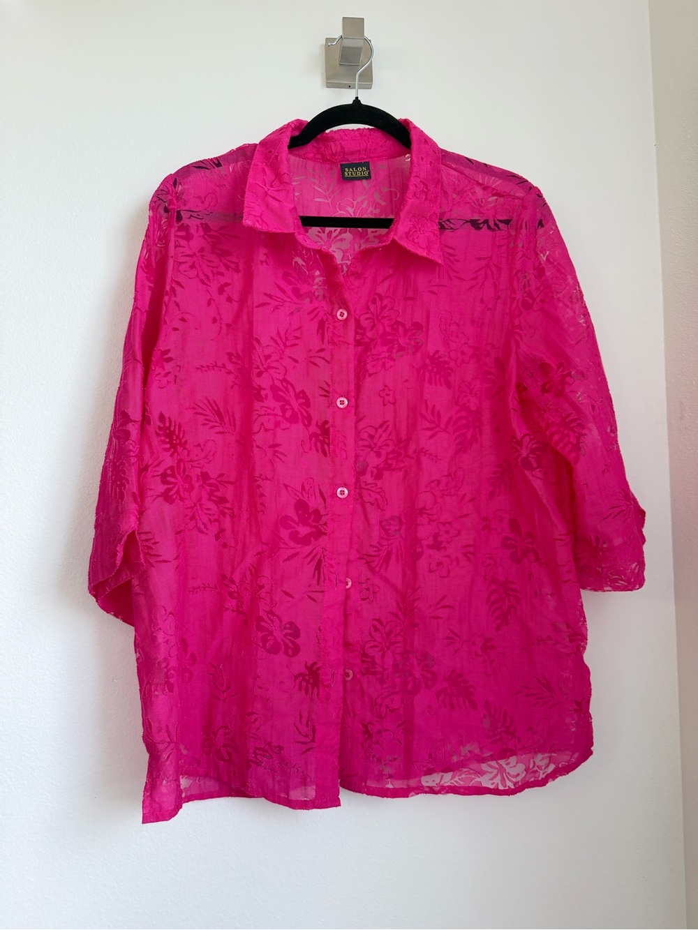 Talbots Bright Fuchsia Floral Sheer Button-Down Shirt